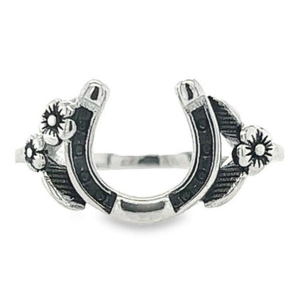 R215 Black Horseshoe with Flower Ring