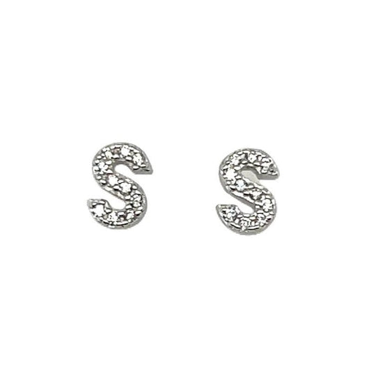 A414 Letter S CZ Post Earrings