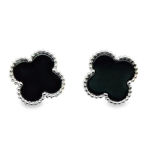 A553 Black Flower Clover Post Earrings