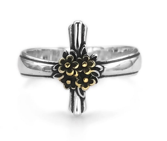 R951 Cross With Flowers Ring