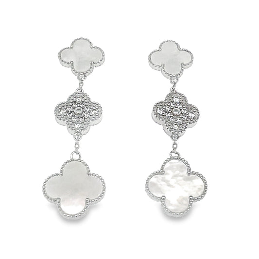 P410 White Flower Clover Long Earring and (black)