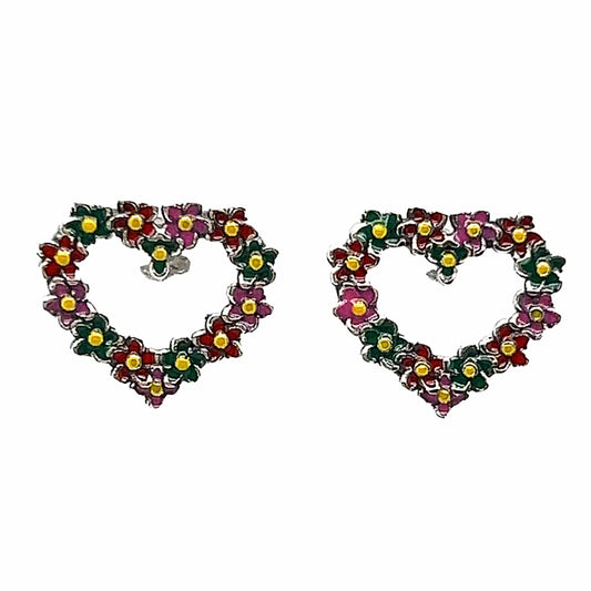 A841 3 Heart With Red Pink And Green Flowers Post Earrings