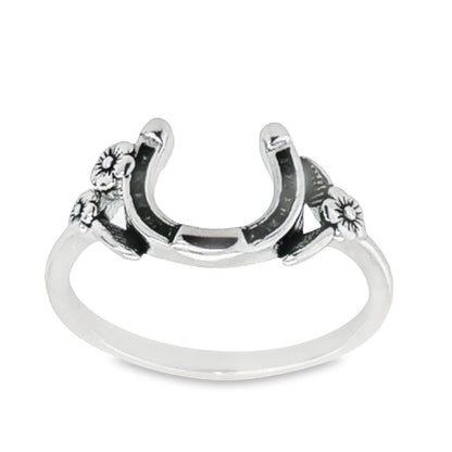 R215 Black Horseshoe with Flower Ring