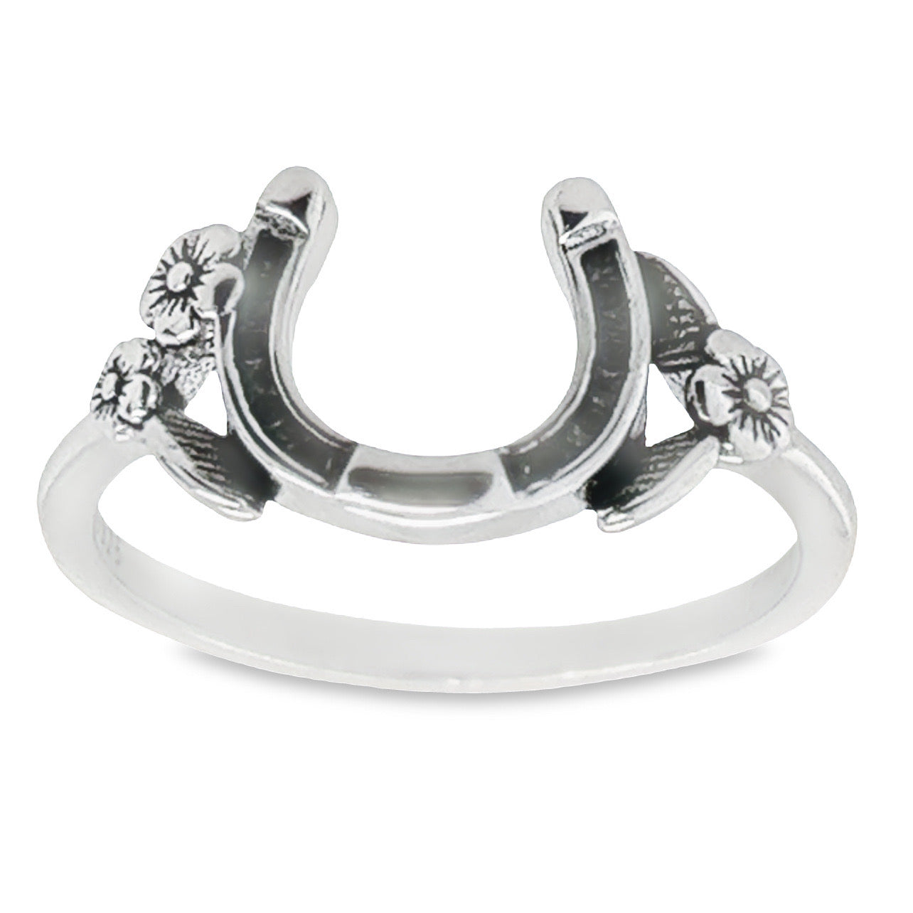 R215 Black Horseshoe with Flower Ring