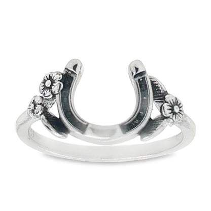 R215 Black Horseshoe with Flower Ring