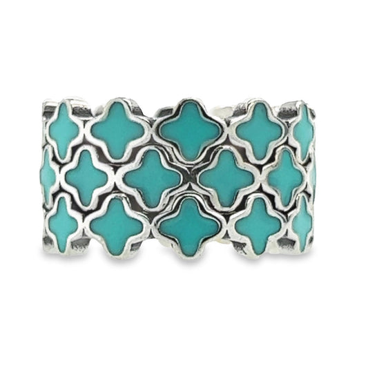 R672 Turquoise Flower Clover Ring