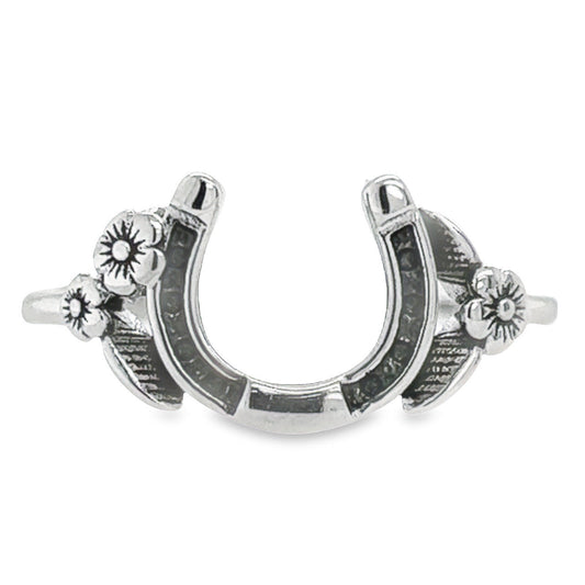 R215 Black Horseshoe with Flower Ring